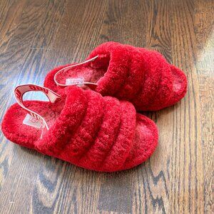UGG Fluff Yeah Ribbon Red Sheepskin Slingback Slide Sandals